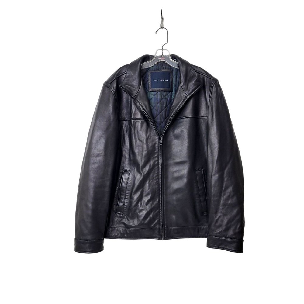 Tommy Hilfiger Black Genuine Leather Bomber Jacket Men's Size XL - Picture 2 of 6
